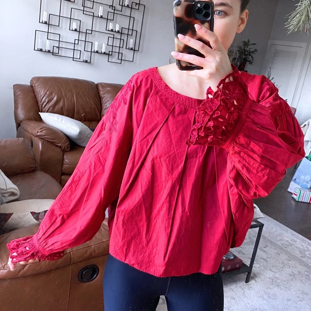 FREE PEOPLE WISHING WELL RED LACE COTTON BLOUSE XS